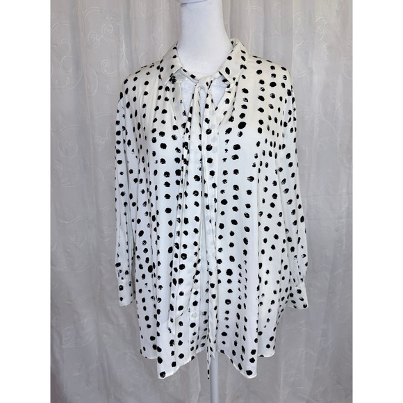 Worthington Tops - Worthington Petite PXXL White Black Polka Dot Tie Neck Button Down Blouse NWT